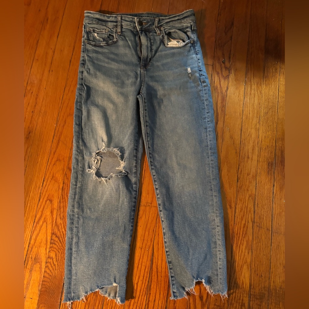 American Eagle Outfitters Blue Straight Leg Jeans with Distressed Details